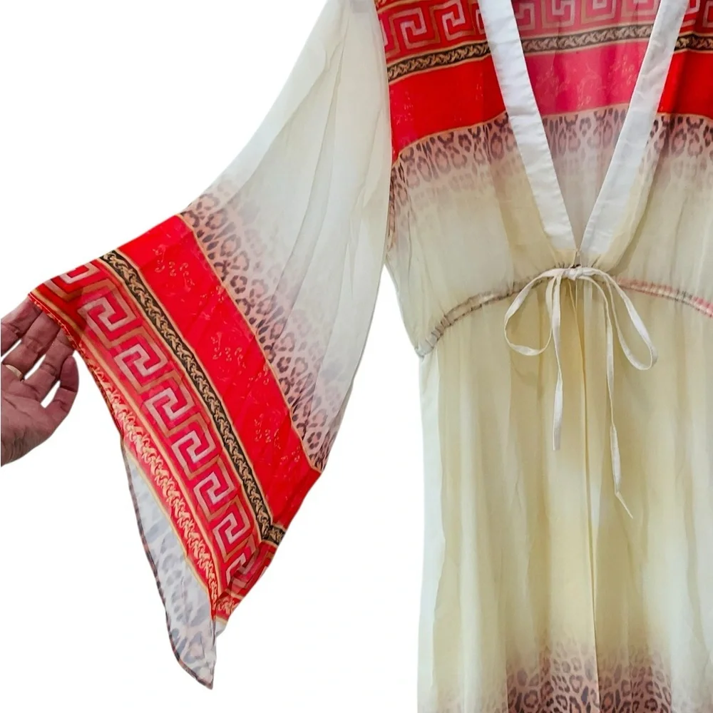 Boho Sheer Kaftan Kimono Dress Cover Up Leopard Rose Print Grecian Border Medium - Picture 3 of 8